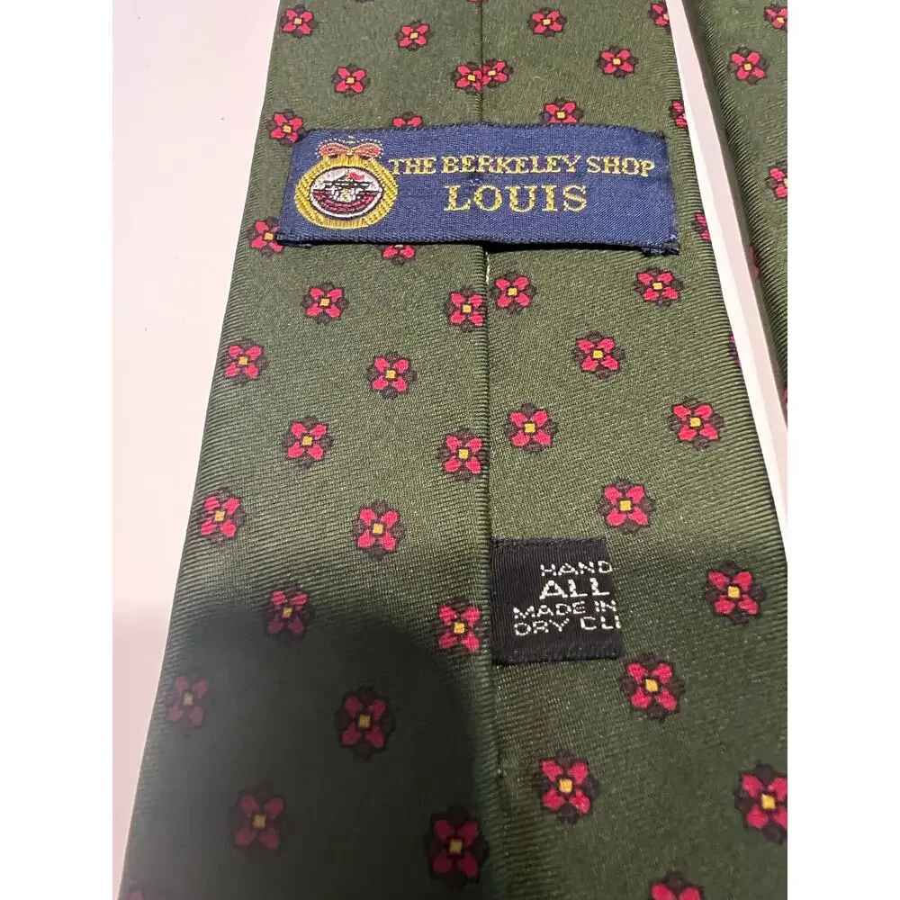 The Berkeley Shop Louis Silk Necktie Green with Red Geometric All Over Print JL